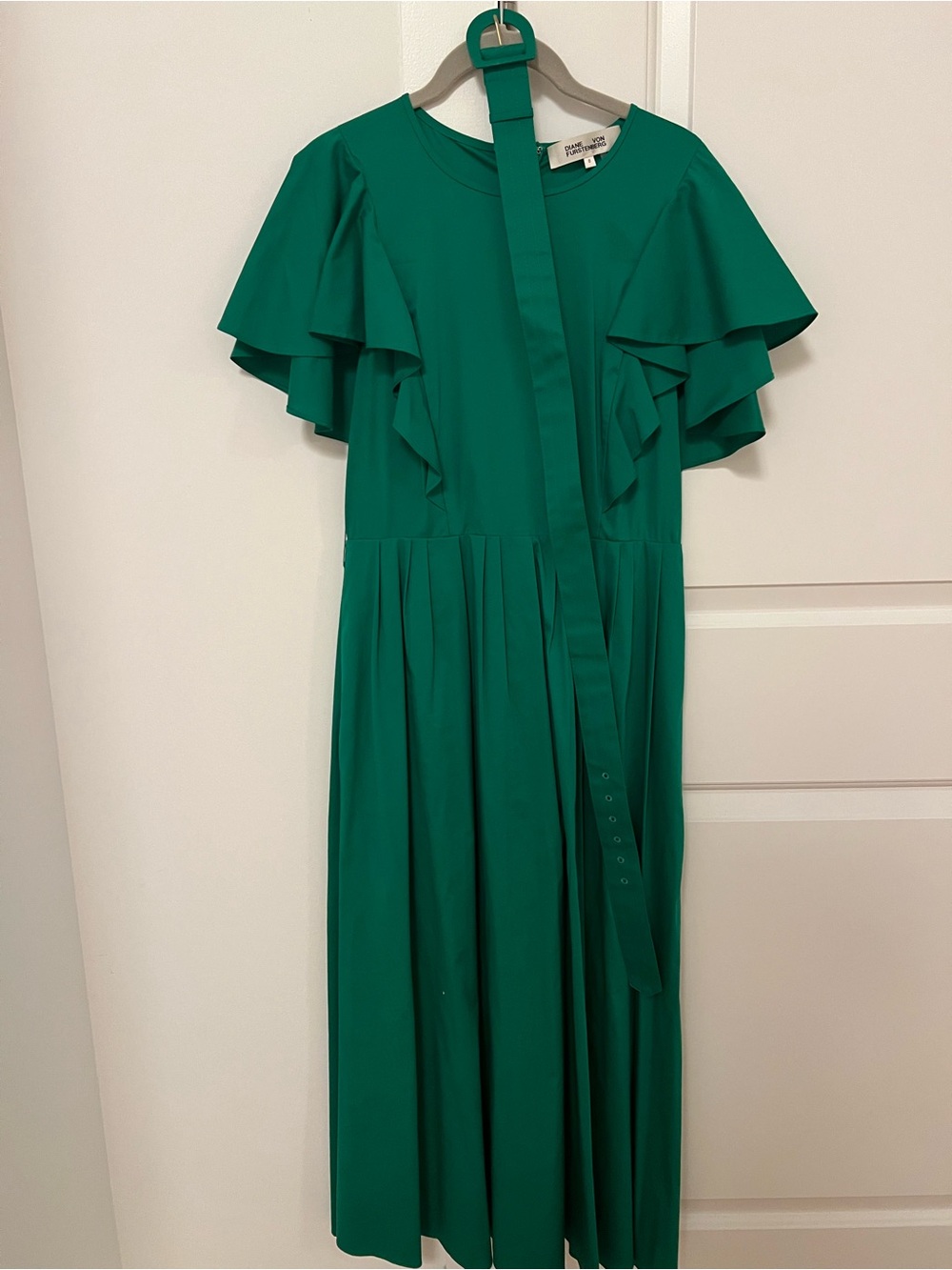 Diane Von Furstenberg Emerald Green Ruffle Sleeve Midi Dress